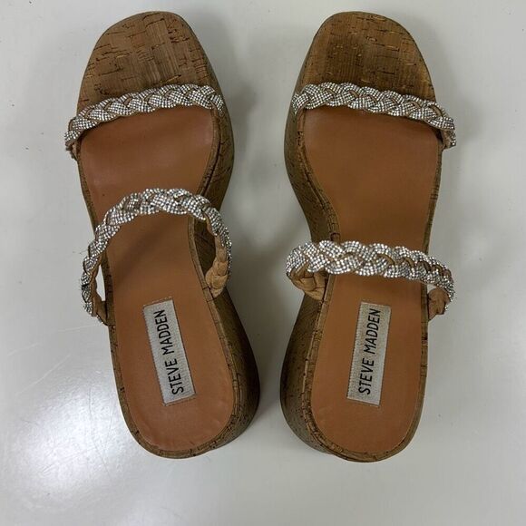 Steve Madden Danya Wedge Sandals Womens 9M Platform Slip On Silver Strap Tan - Picture 4 of 11